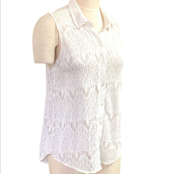 Kirra Lace Sleeveless Button-Down Shirt w/ Cutout Back Sz L Cream White 228P - Picture 3 of 7